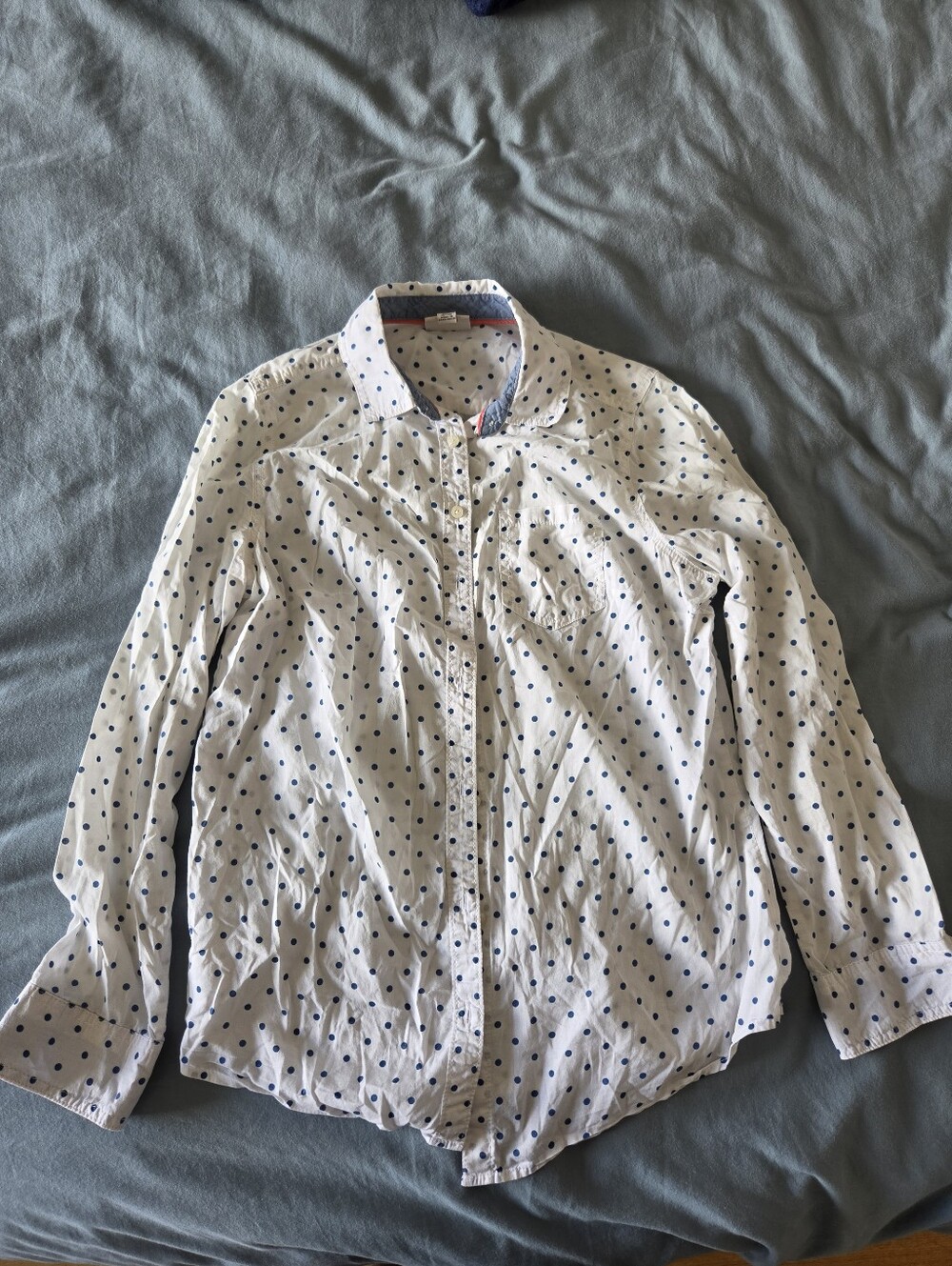 100% Cotton White And Blue Polka Dot Button Down Shirt (Women's)